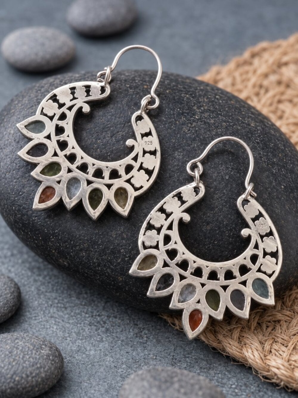 925 Sterling Silver Multi Gemstone Chakra Hoop Earrings Bali Filigree Boho 1.7" - NeoKira Unlimited