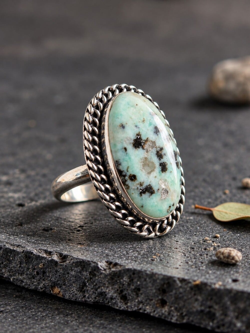 Kiwi Jasper Oval Ring Twisted Rope Bezel Artisan 925 Sterling Silver Boho Chic - NeoKira Unlimited