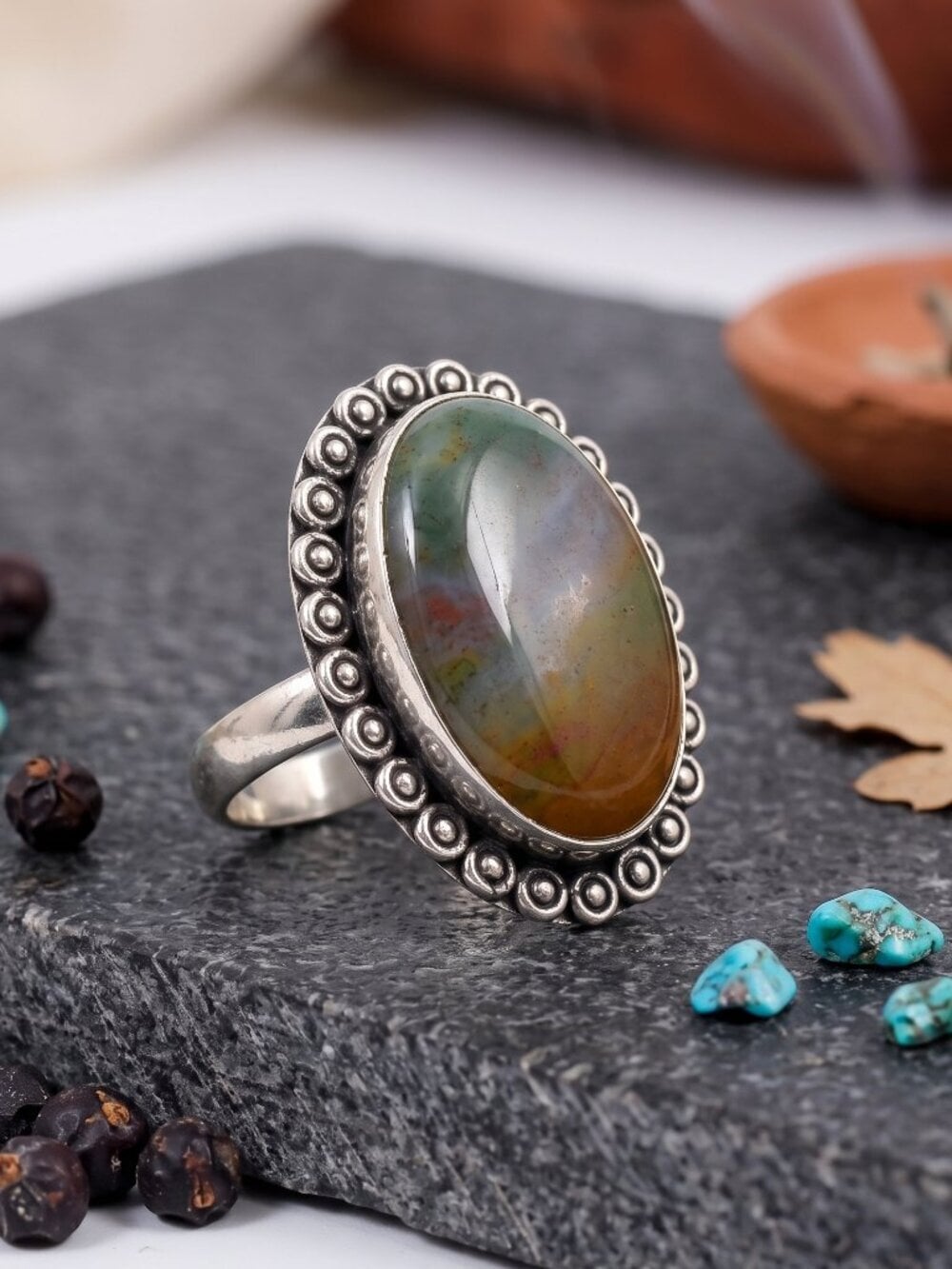 Fancy Jasper Ring 925 Sterling Silver Ornate Beaded Bezel Boho Chic Size 7.25 - NeoKira Unlimited