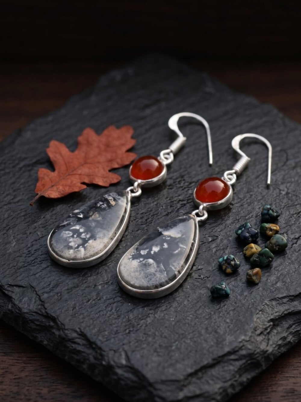 Maligano Jasper Carnelian Earrings 925 Sterling Silver Teardrop Dangle Boho 2.3" - NeoKira Unlimited