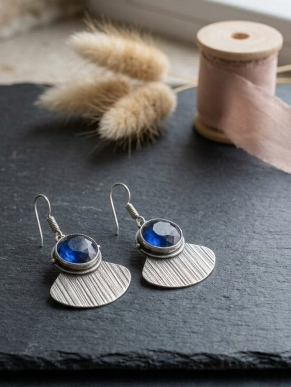 Dark Blue Crystal Fan Drop Earrings Artisan Boho 925 Sterling Silver Sz 1.8" L - NeoKira Unlimited