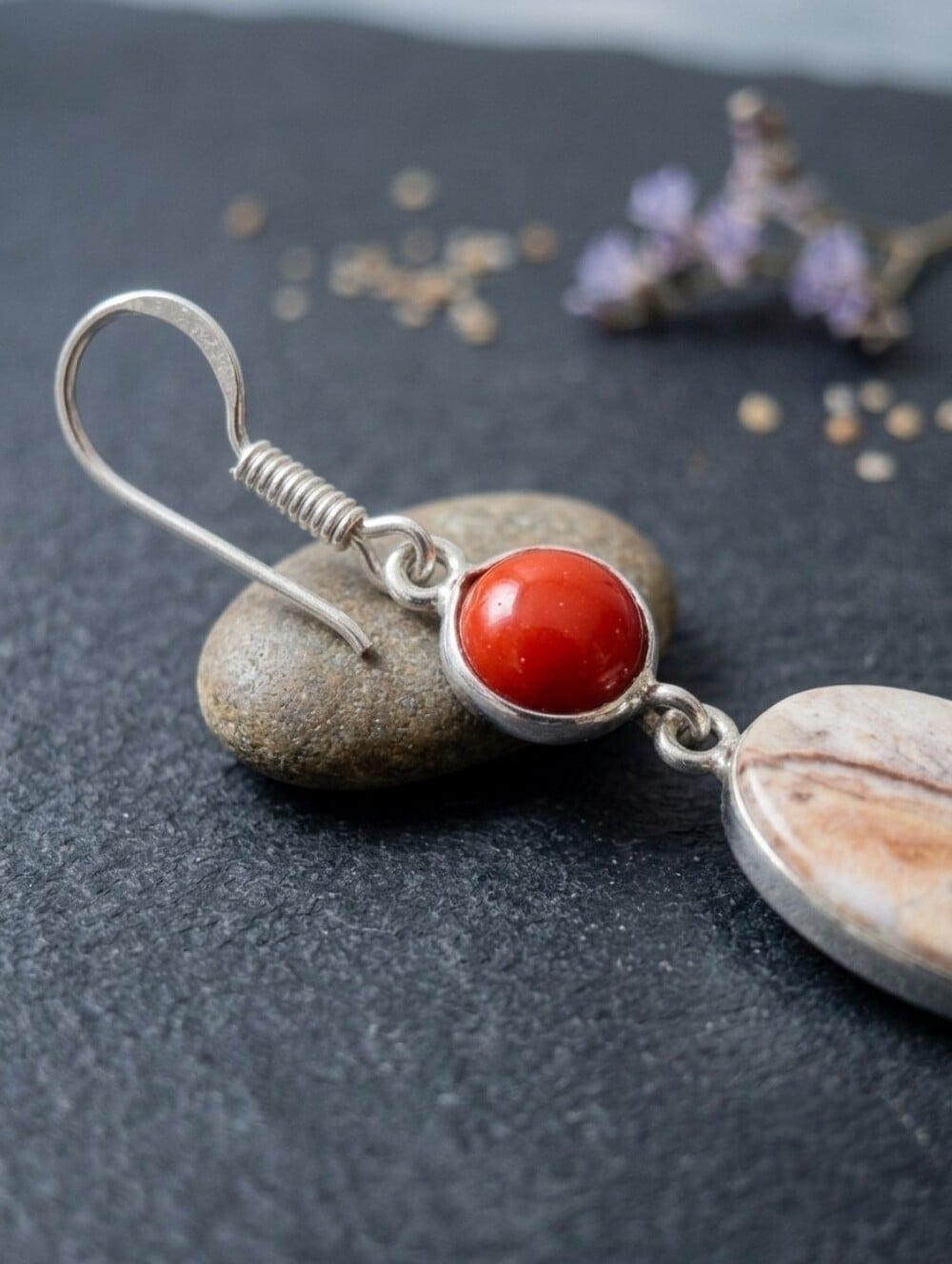 Crazy Lace Agate Red Coral Dangle Earrings 925 Sterling Silver Bohemian 2.2" - NeoKira Unlimited