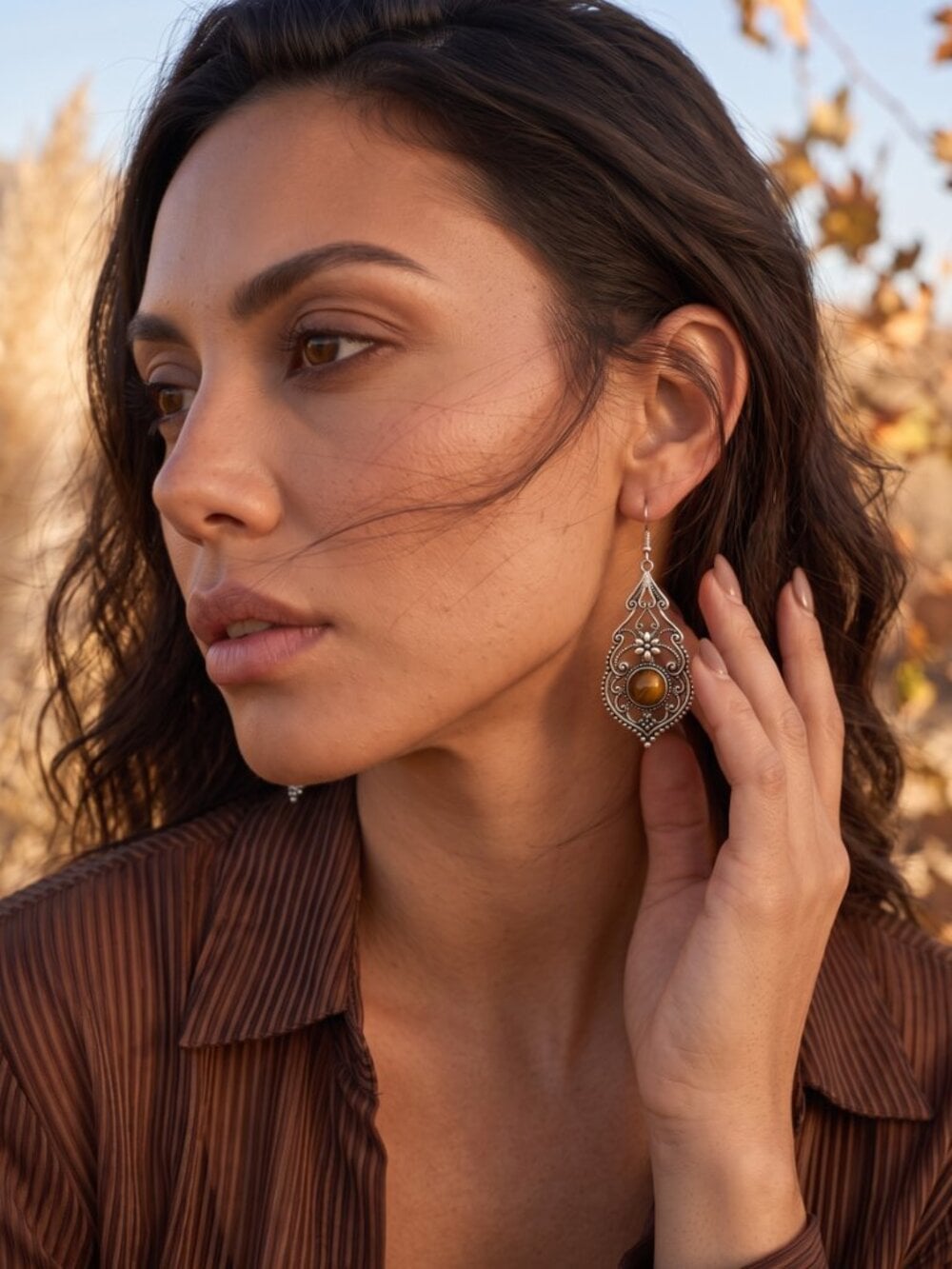 Tigers Eye Filigree Drop Earrings 925 Sterling Silver Artisan Boho 2.3"L - NeoKira Unlimited