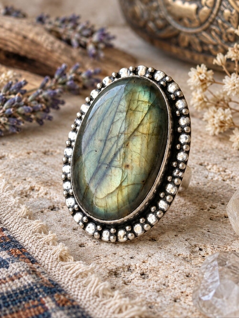 Genuine Labradorite Ring 925 Sterling Silver Beaded Artisan Boho Western Sz 9 - NeoKira Unlimited