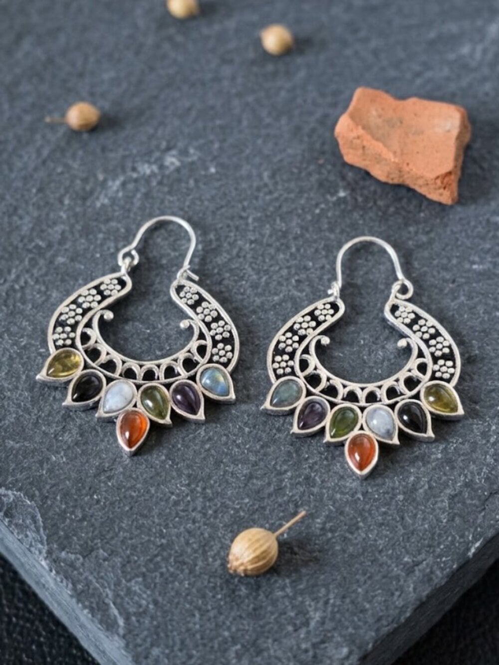 925 Sterling Silver Multi Gemstone Chakra Hoop Earrings Bali Filigree Boho 1.7" - NeoKira Unlimited