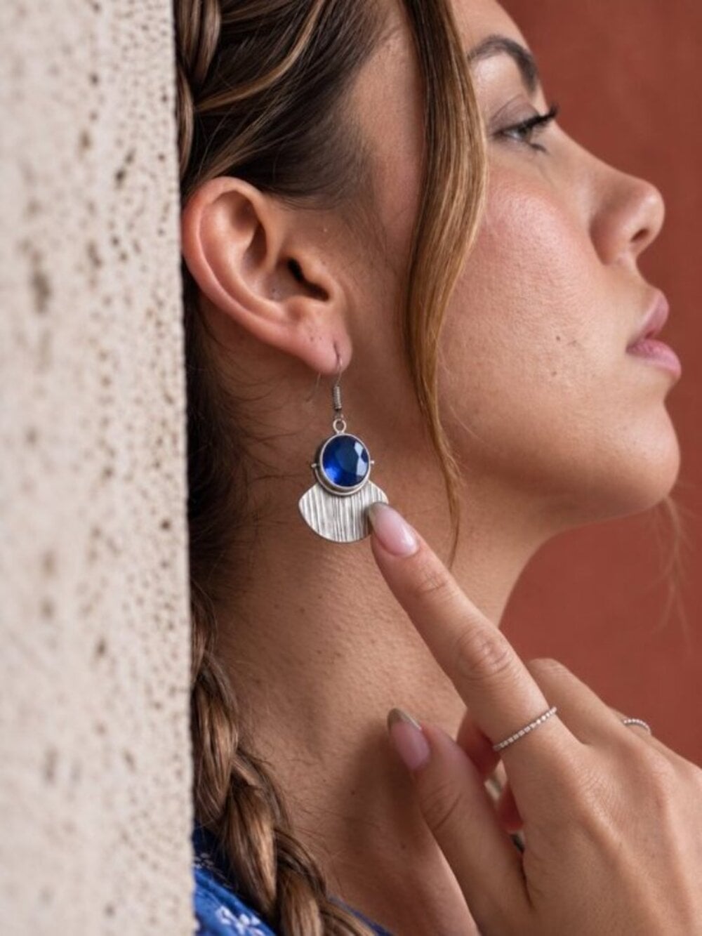 Dark Blue Crystal Fan Drop Earrings Artisan Boho 925 Sterling Silver Sz 1.8" L - NeoKira Unlimited