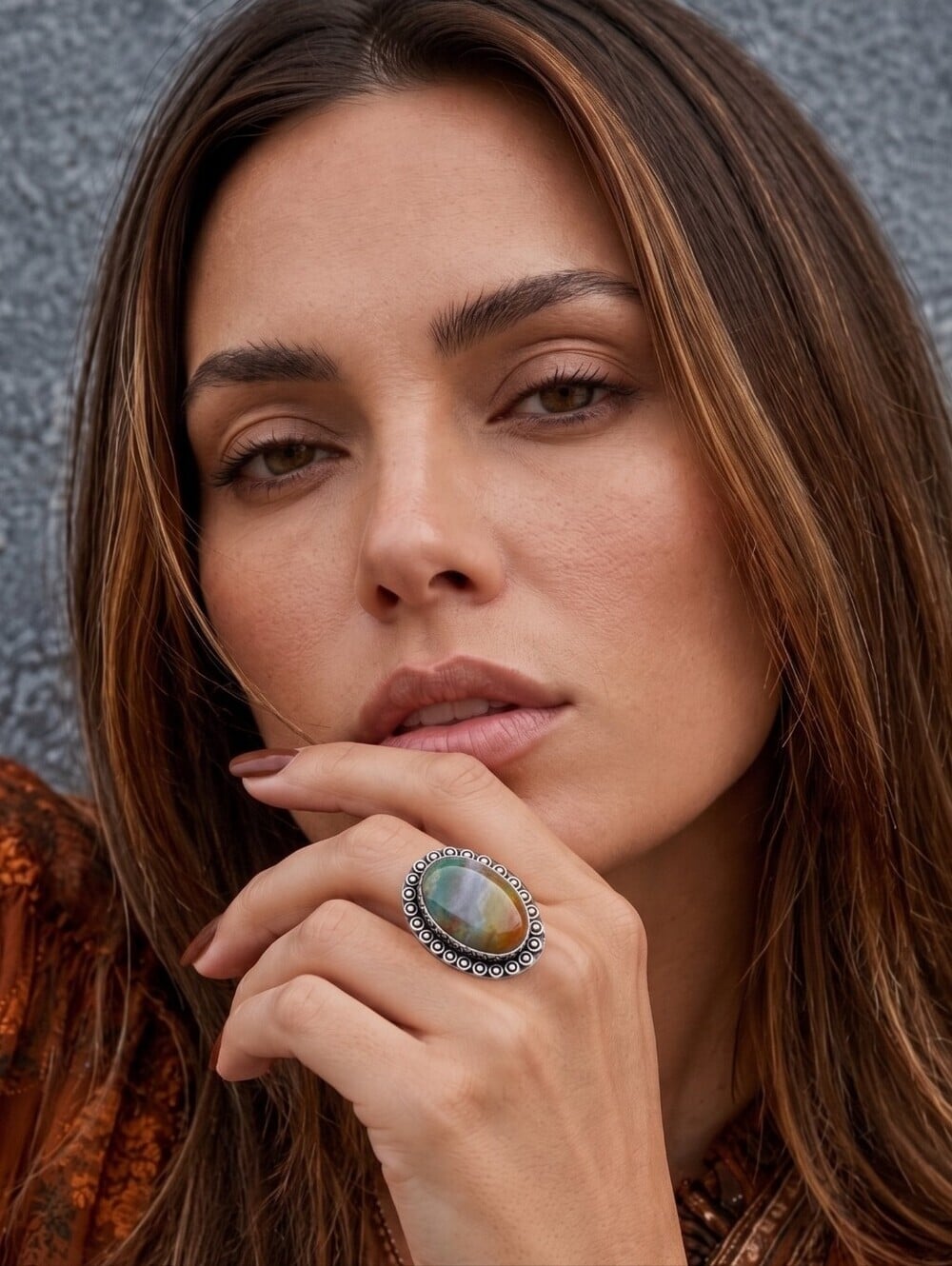 Fancy Jasper Ring 925 Sterling Silver Ornate Beaded Bezel Boho Chic Size 7.25 - NeoKira Unlimited