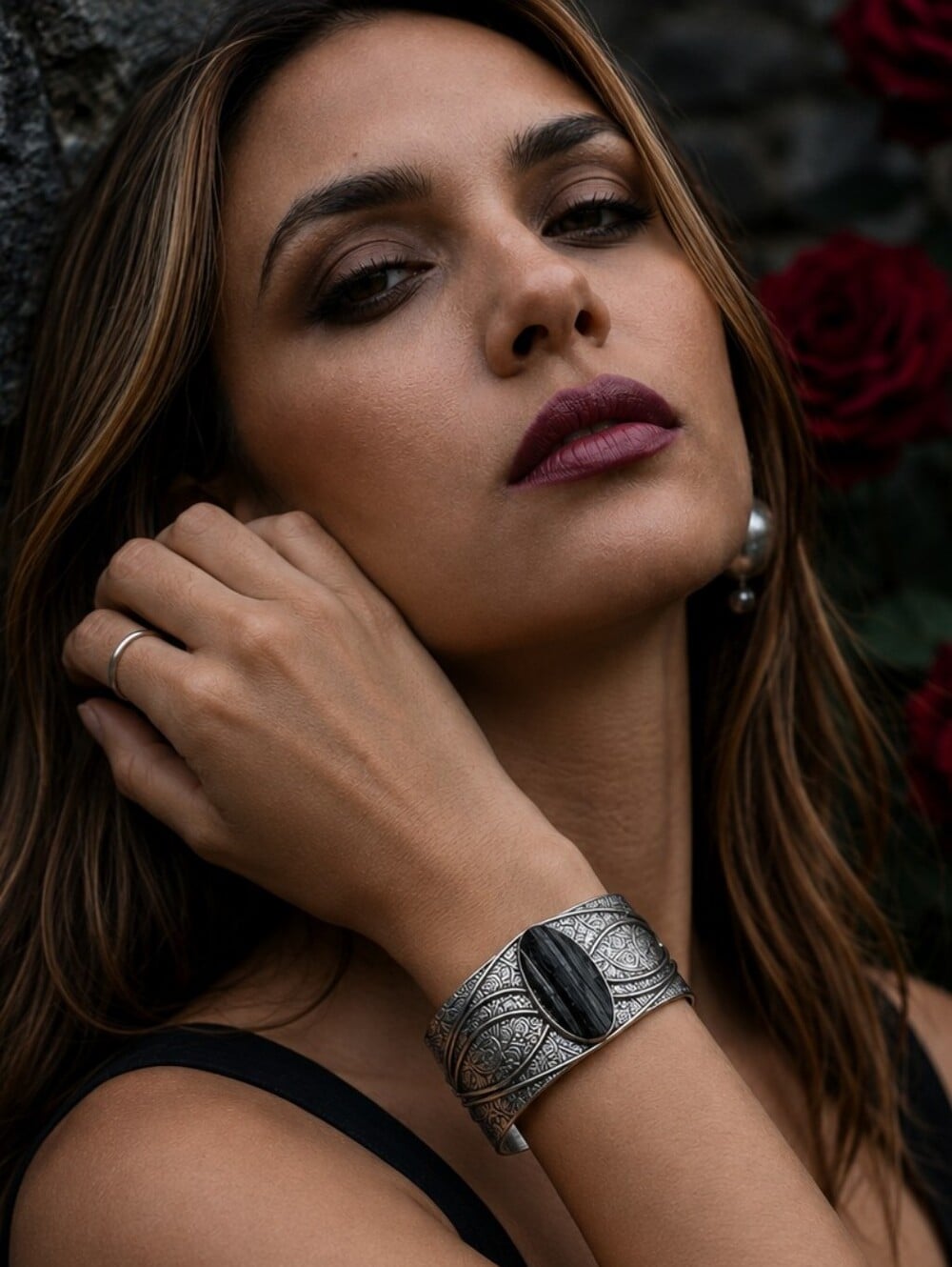 Sterling Silver Raw Black Tourmaline Wide Cuff Bracelet Whimsigoth Adjustable - NeoKira Unlimited