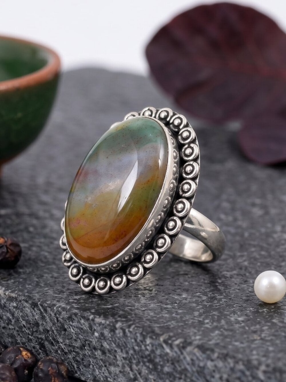 Fancy Jasper Ring 925 Sterling Silver Ornate Beaded Bezel Boho Chic Size 7.25 - NeoKira Unlimited