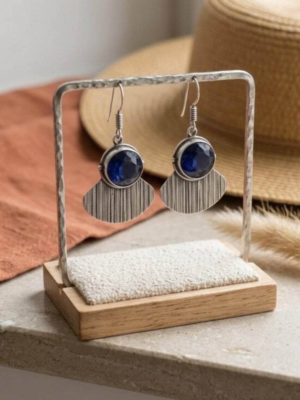 Dark Blue Crystal Fan Drop Earrings Artisan Boho 925 Sterling Silver Sz 1.8" L - NeoKira Unlimited