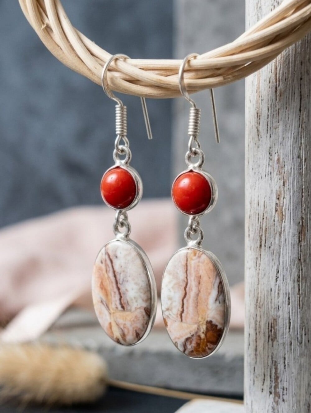 Crazy Lace Agate Red Coral Dangle Earrings 925 Sterling Silver Bohemian 2.2" - NeoKira Unlimited