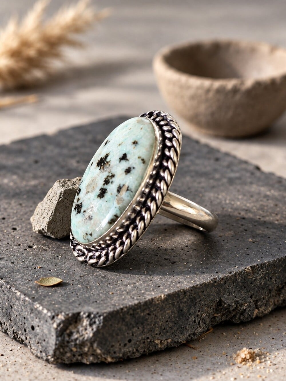 Kiwi Jasper Oval Ring Twisted Rope Bezel Artisan 925 Sterling Silver Boho Chic - NeoKira Unlimited