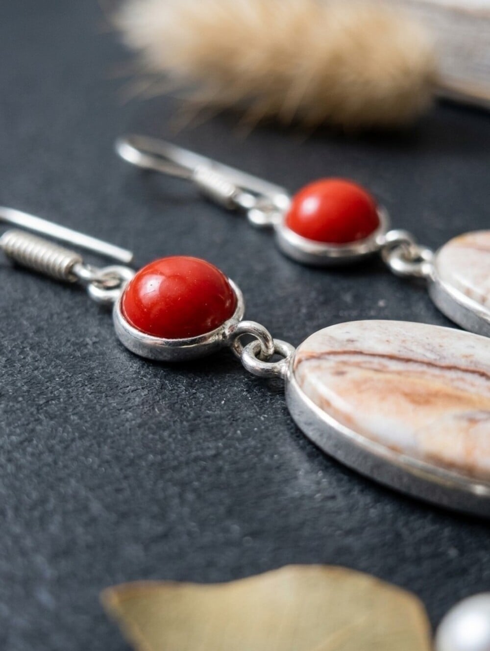 Crazy Lace Agate Red Coral Dangle Earrings 925 Sterling Silver Bohemian 2.2" - NeoKira Unlimited