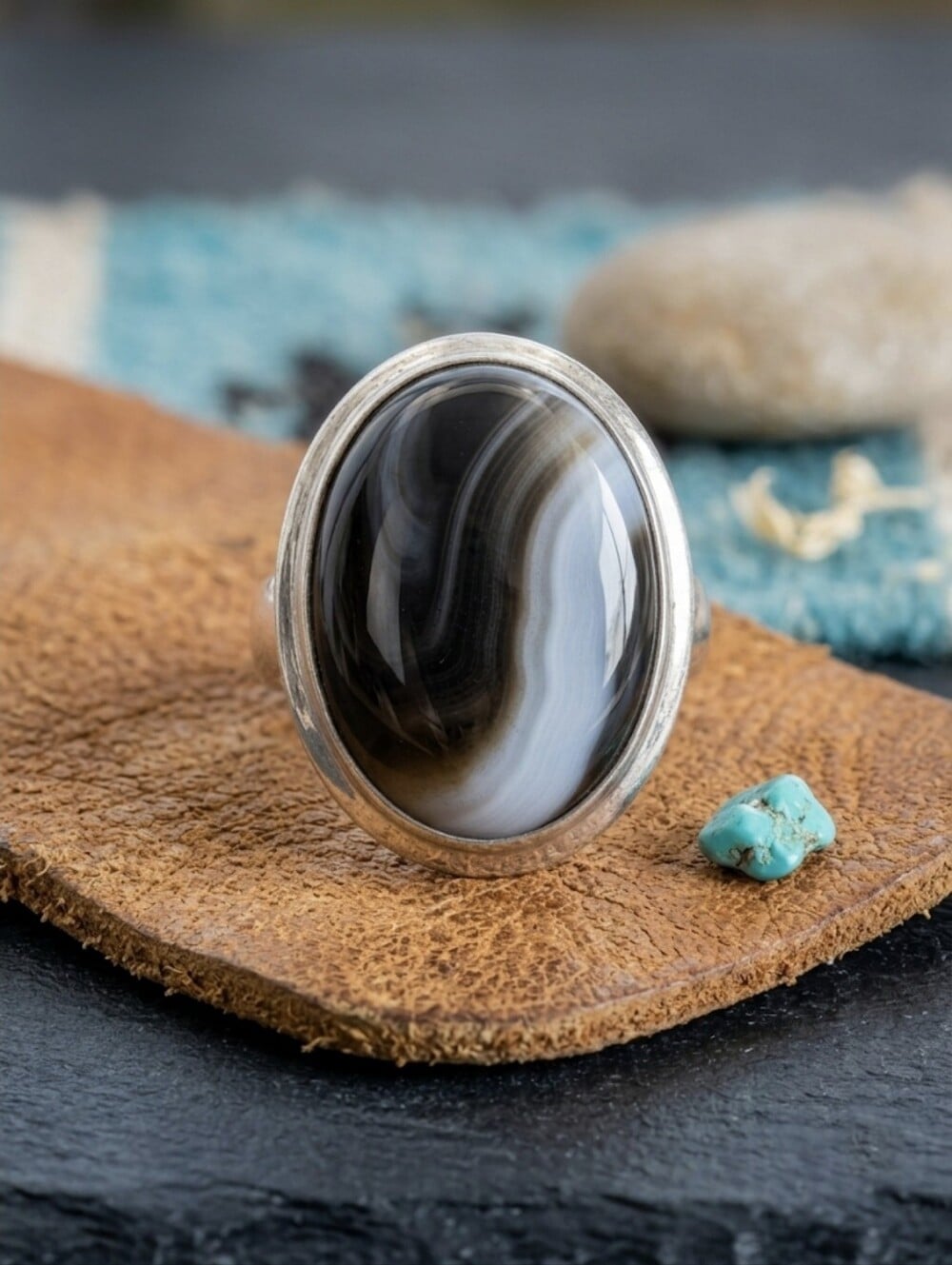 925 Sterling Silver Banded Agate Statement Ring Vintage Bohemian Oval - NeoKira Unlimited