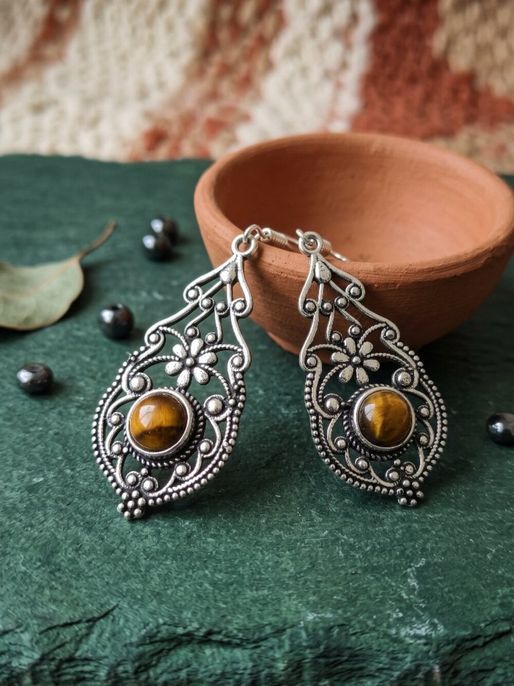 Tigers Eye Filigree Drop Earrings 925 Sterling Silver Artisan Boho 2.3"L - NeoKira Unlimited