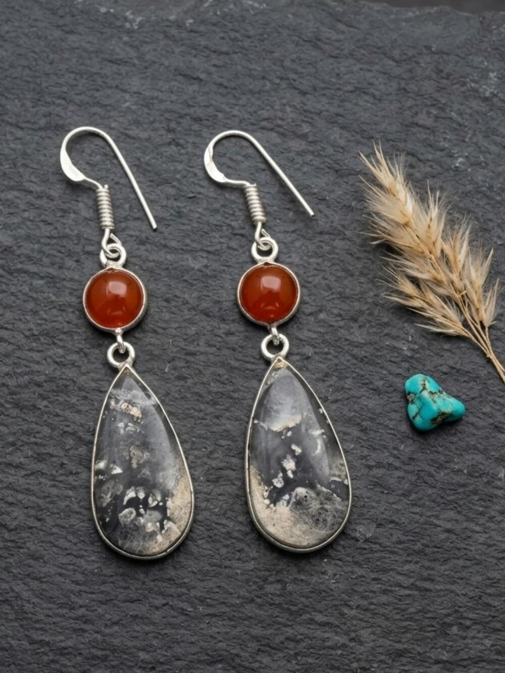 Maligano Jasper Carnelian Earrings 925 Sterling Silver Teardrop Dangle Boho 2.3" - NeoKira Unlimited