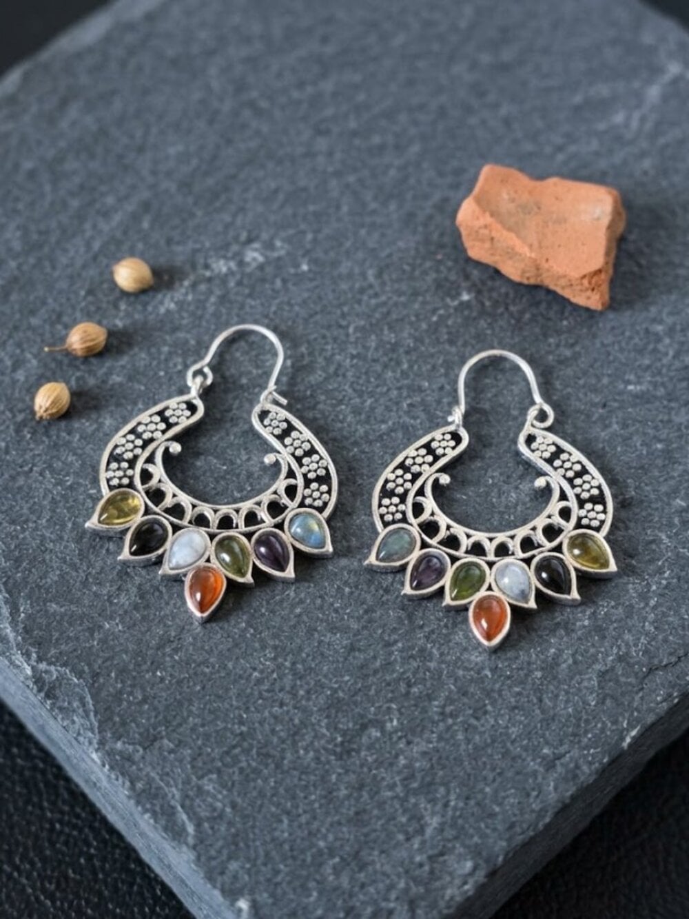 925 Sterling Silver Multi Gemstone Chakra Hoop Earrings Bali Filigree Boho 1.7" - NeoKira Unlimited