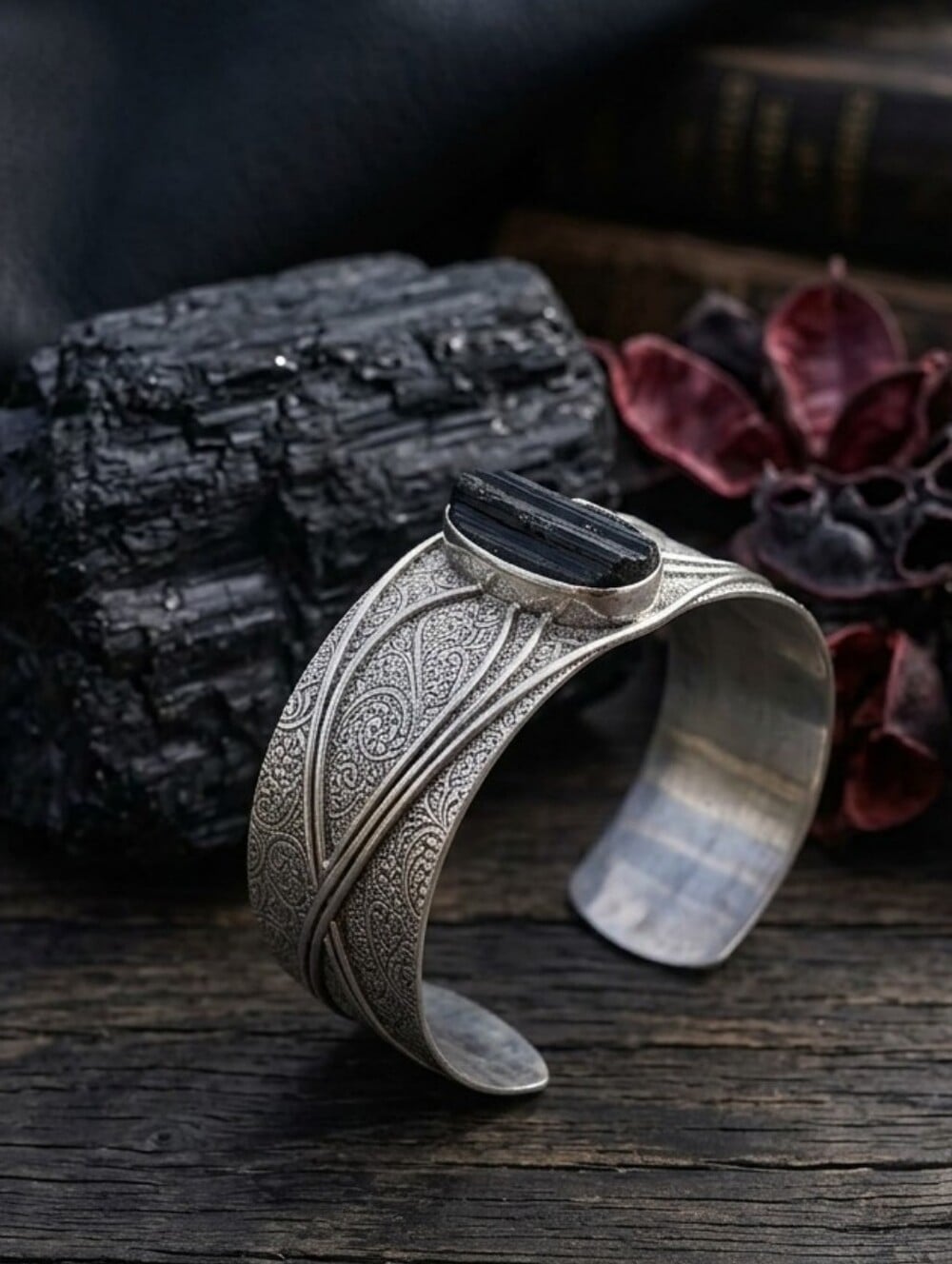 Sterling Silver Raw Black Tourmaline Wide Cuff Bracelet Whimsigoth Adjustable - NeoKira Unlimited