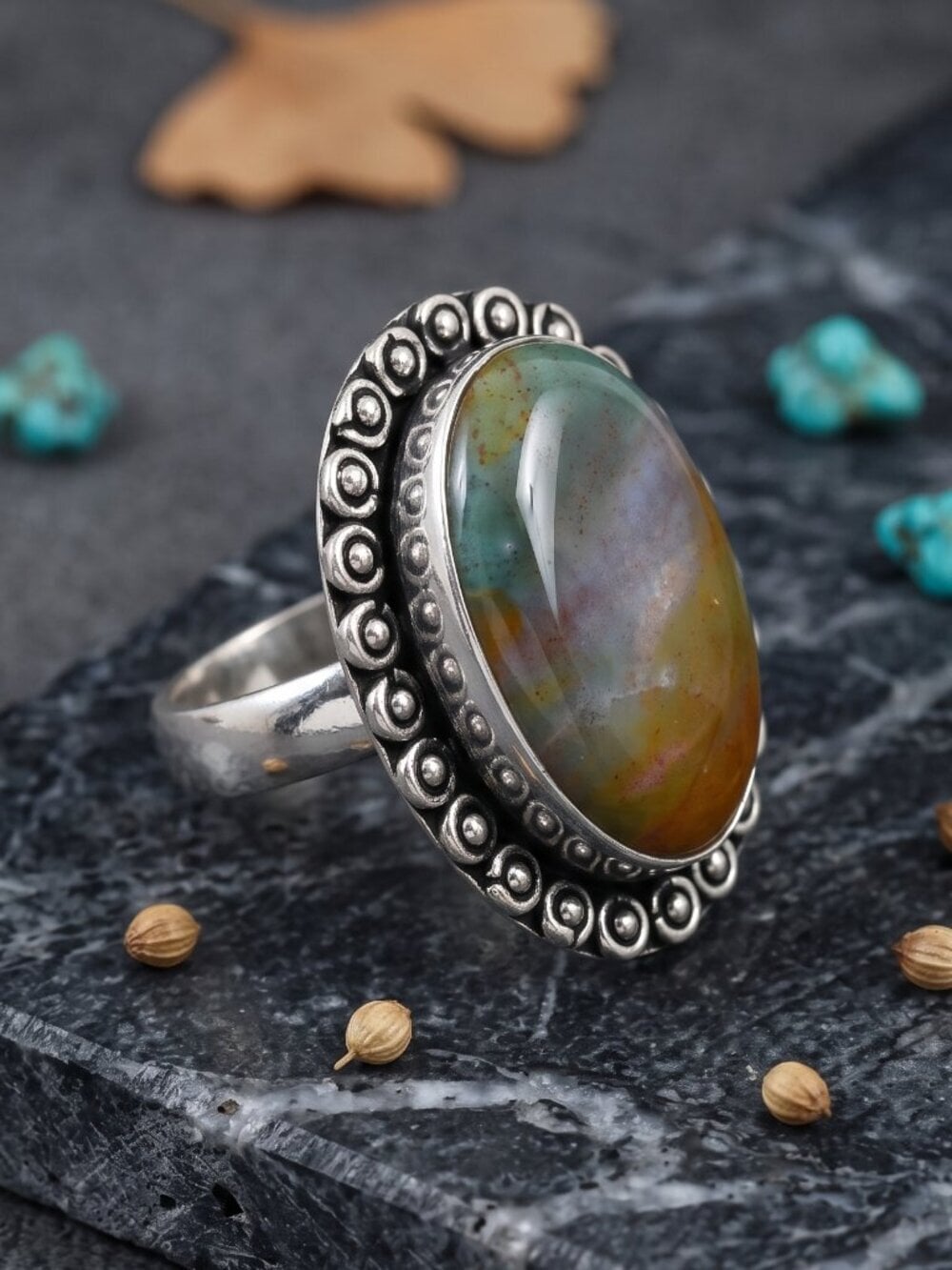 Fancy Jasper Ring 925 Sterling Silver Ornate Beaded Bezel Boho Chic Size 7.25 - NeoKira Unlimited