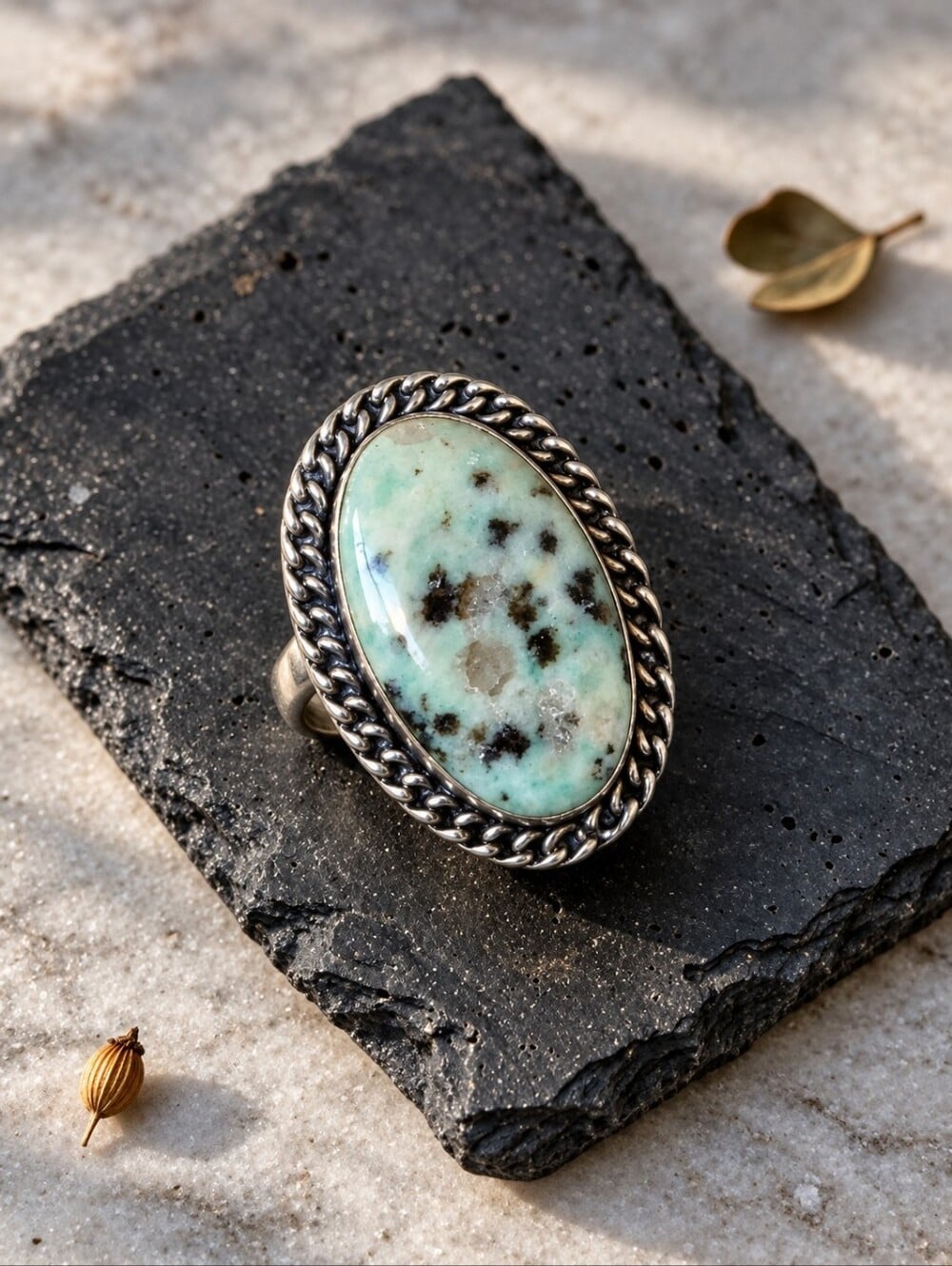 Kiwi Jasper Oval Ring Twisted Rope Bezel Artisan 925 Sterling Silver Boho Chic - NeoKira Unlimited