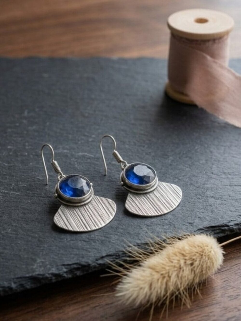 Dark Blue Crystal Fan Drop Earrings Artisan Boho 925 Sterling Silver Sz 1.8" L - NeoKira Unlimited