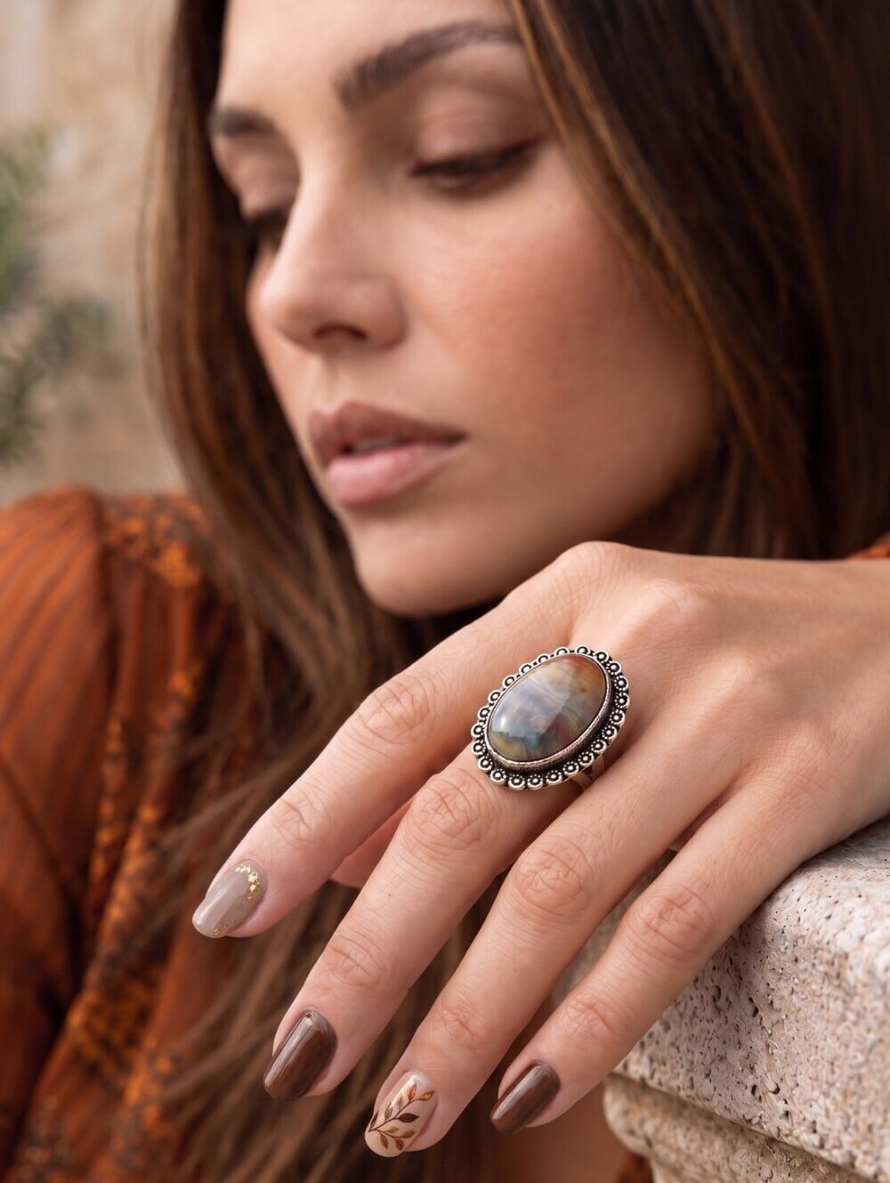 Fancy Jasper Ring 925 Sterling Silver Ornate Beaded Bezel Boho Chic Size 7.25 - NeoKira Unlimited