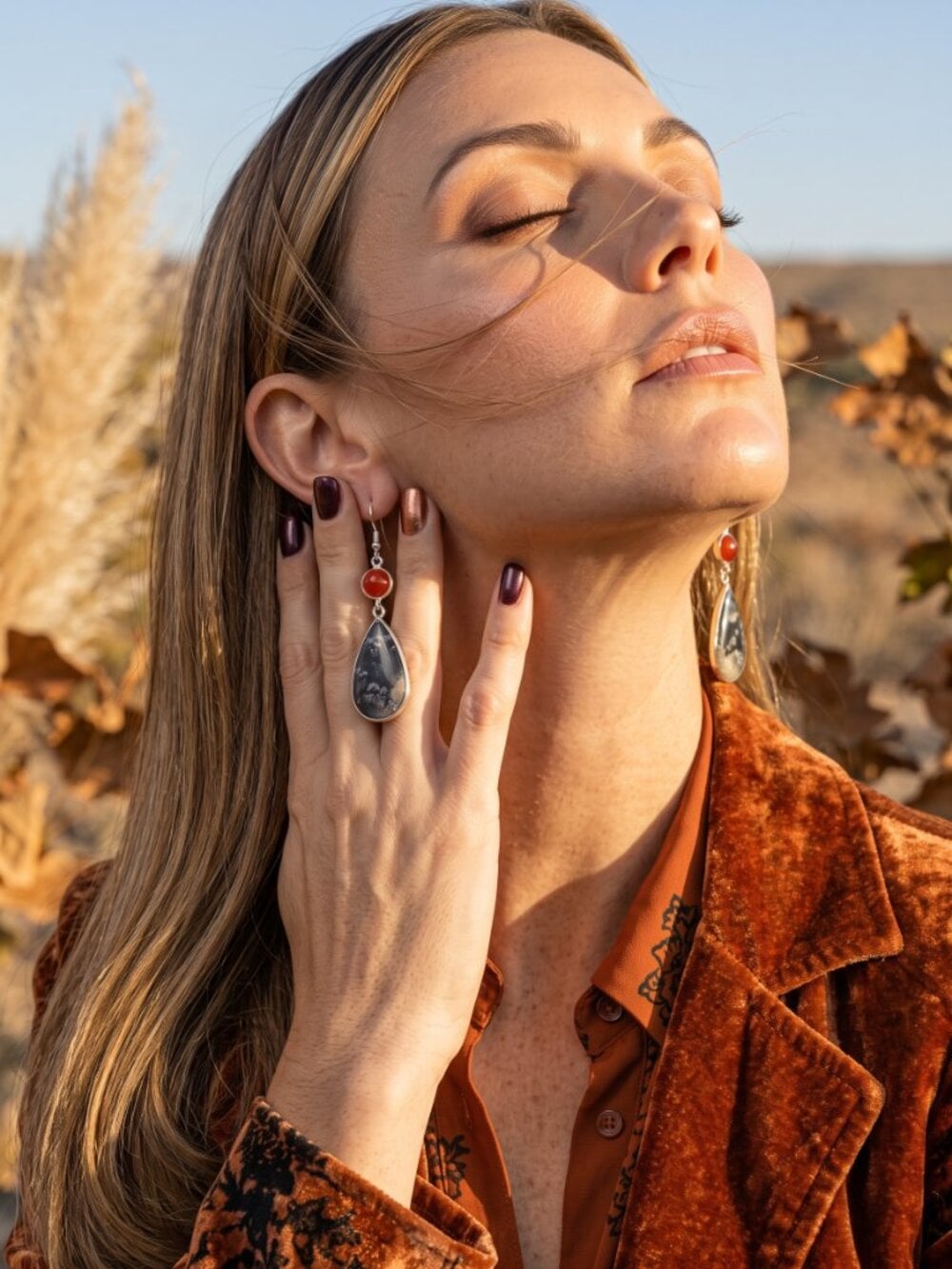 Maligano Jasper Carnelian Earrings 925 Sterling Silver Teardrop Dangle Boho 2.3" - NeoKira Unlimited
