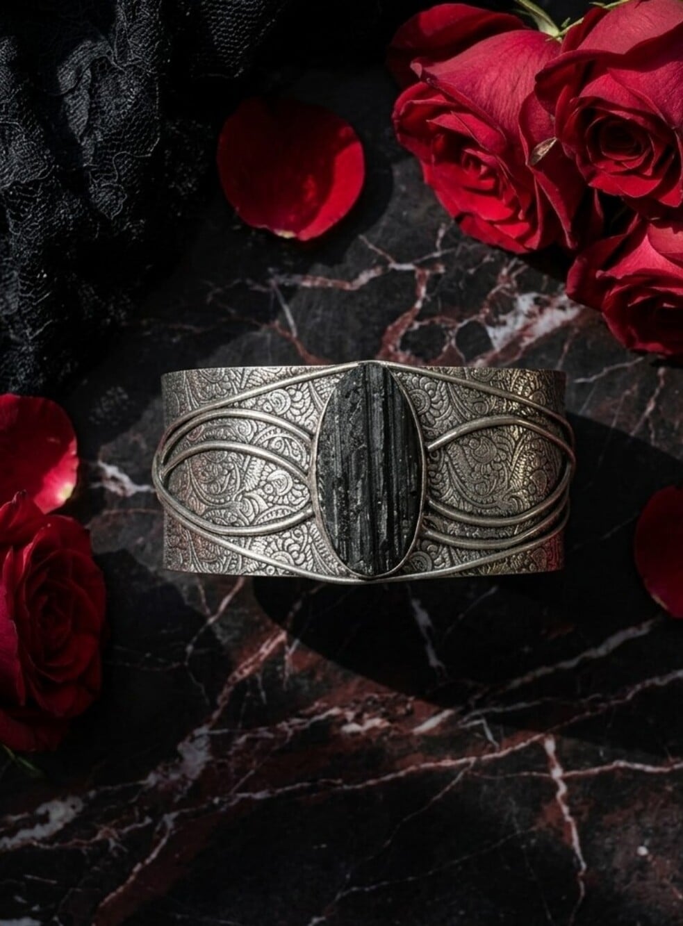 Sterling Silver Raw Black Tourmaline Wide Cuff Bracelet Whimsigoth Adjustable - NeoKira Unlimited