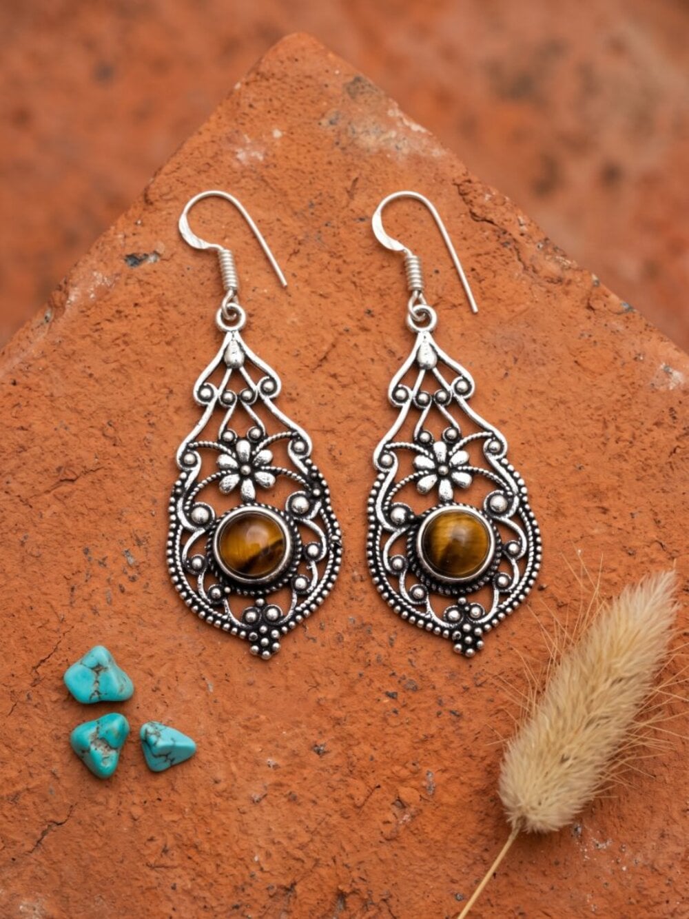 Tigers Eye Filigree Drop Earrings 925 Sterling Silver Artisan Boho 2.3"L - NeoKira Unlimited