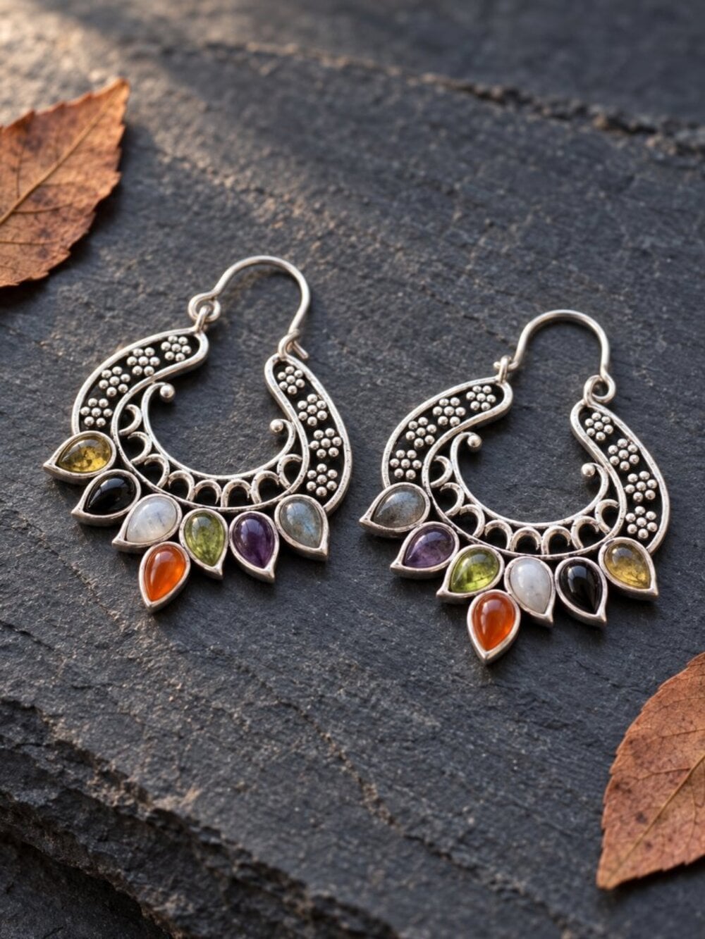 925 Sterling Silver Multi Gemstone Chakra Hoop Earrings Bali Filigree Boho 1.7" - NeoKira Unlimited