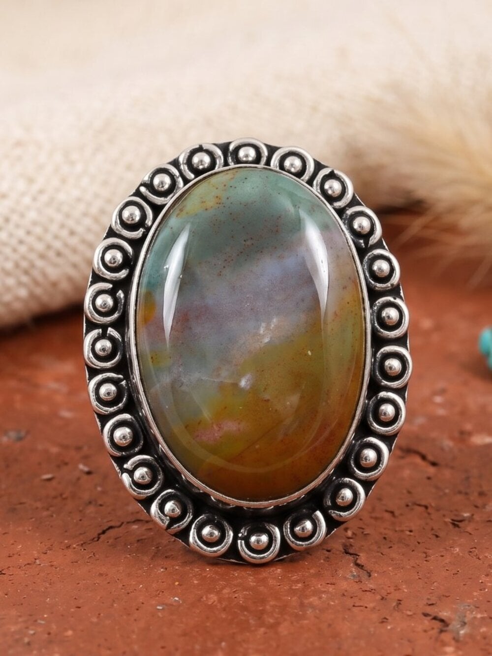 Fancy Jasper Ring 925 Sterling Silver Ornate Beaded Bezel Boho Chic Size 7.25 - NeoKira Unlimited