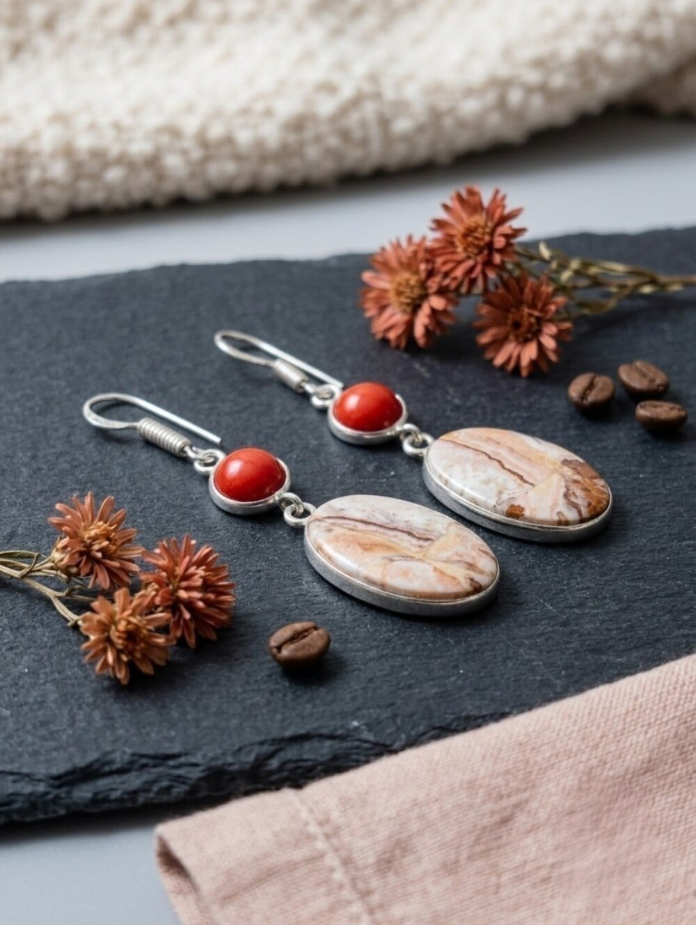 Crazy Lace Agate Red Coral Dangle Earrings 925 Sterling Silver Bohemian 2.2" - NeoKira Unlimited