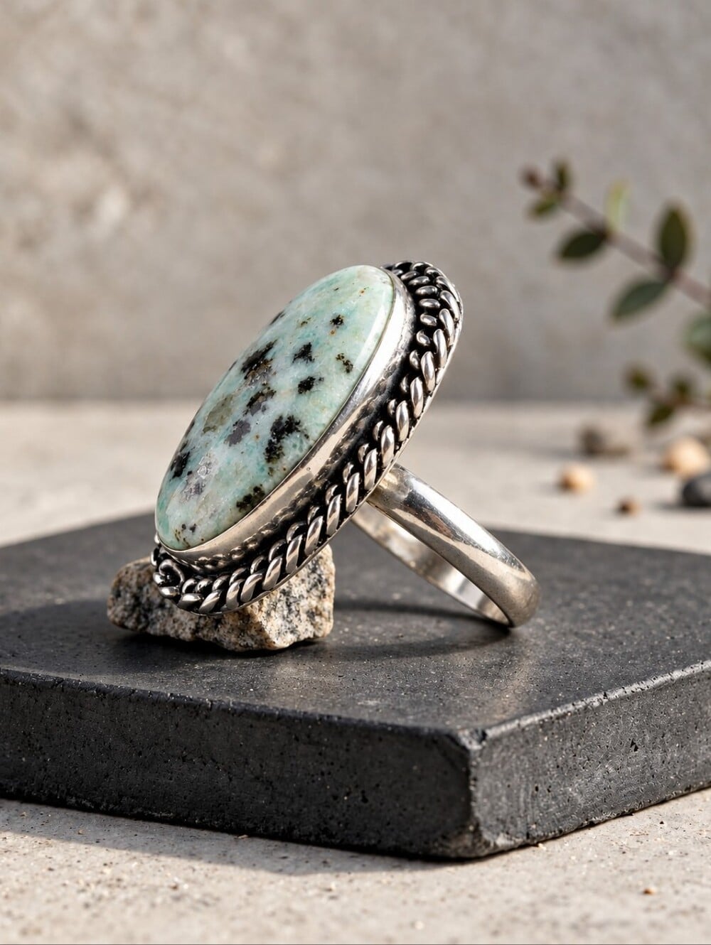 Kiwi Jasper Oval Ring Twisted Rope Bezel Artisan 925 Sterling Silver Boho Chic - NeoKira Unlimited