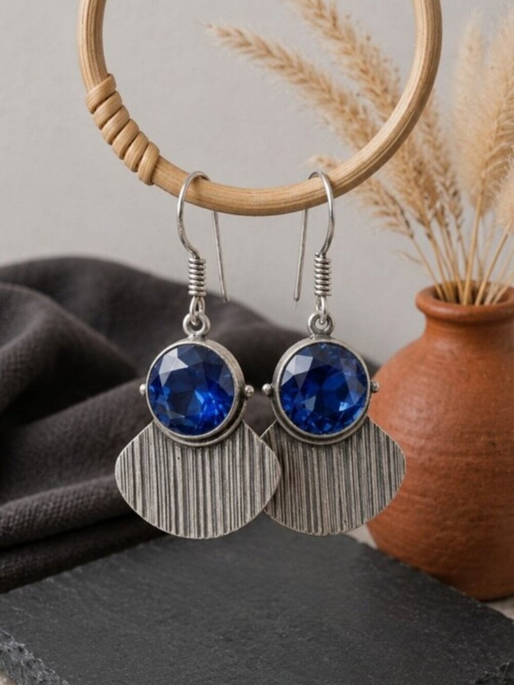 Dark Blue Crystal Fan Drop Earrings Artisan Boho 925 Sterling Silver Sz 1.8" L - NeoKira Unlimited