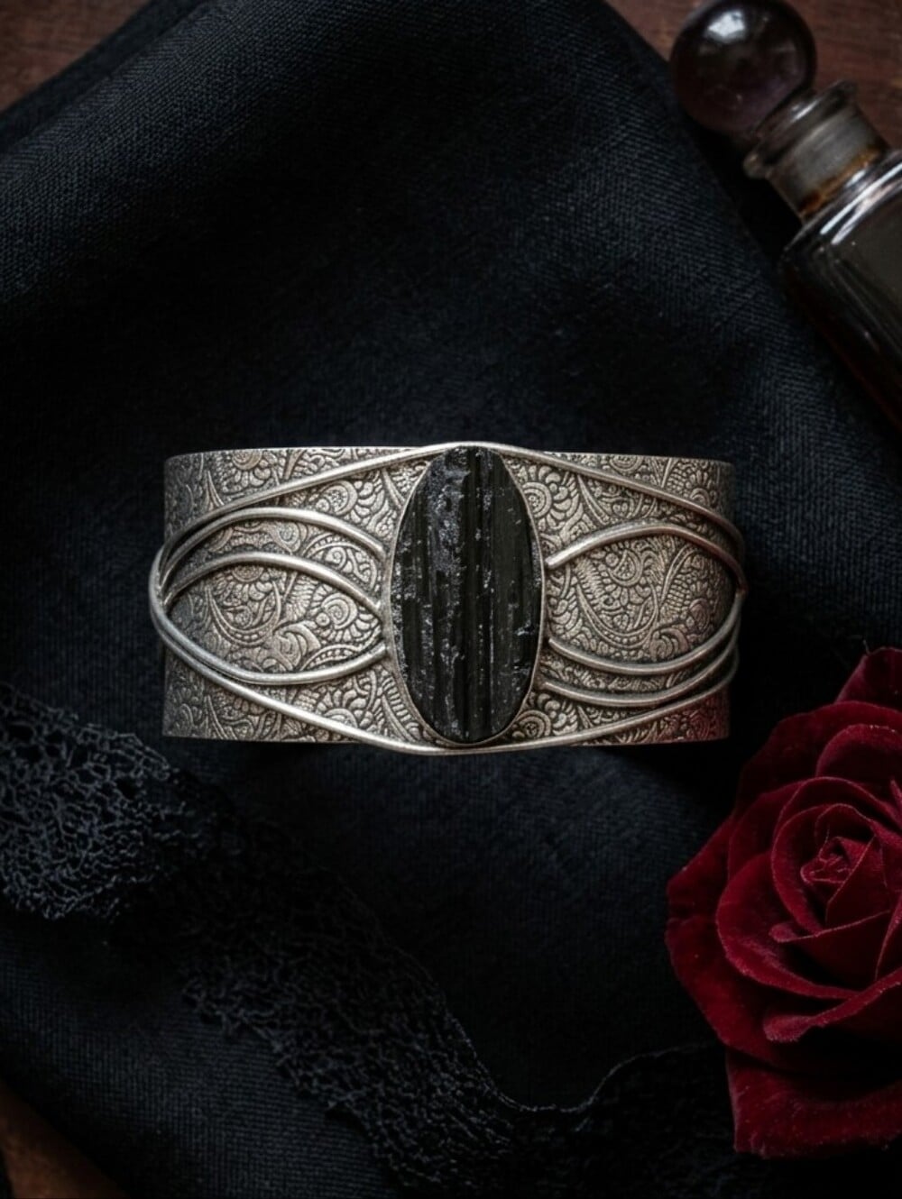 Sterling Silver Raw Black Tourmaline Wide Cuff Bracelet Whimsigoth Adjustable - NeoKira Unlimited