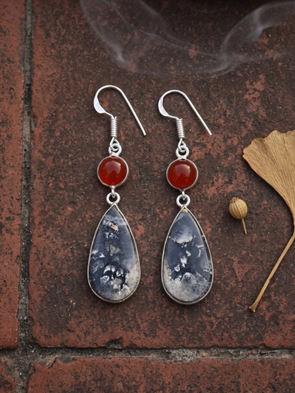 Maligano Jasper Carnelian Earrings 925 Sterling Silver Teardrop Dangle Boho 2.3" - NeoKira Unlimited