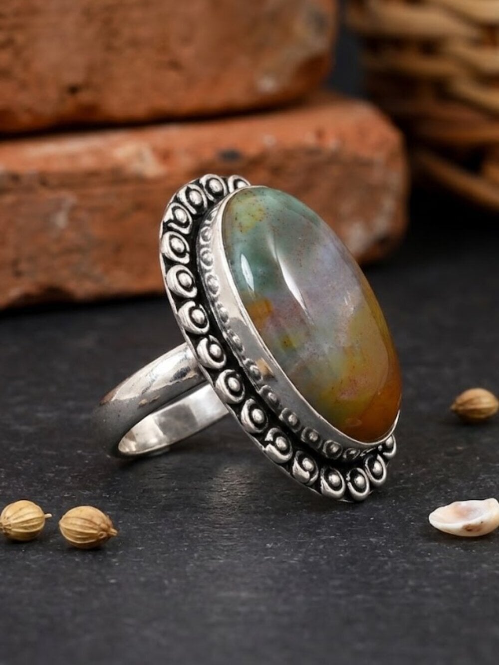 Fancy Jasper Ring 925 Sterling Silver Ornate Beaded Bezel Boho Chic Size 7.25 - NeoKira Unlimited
