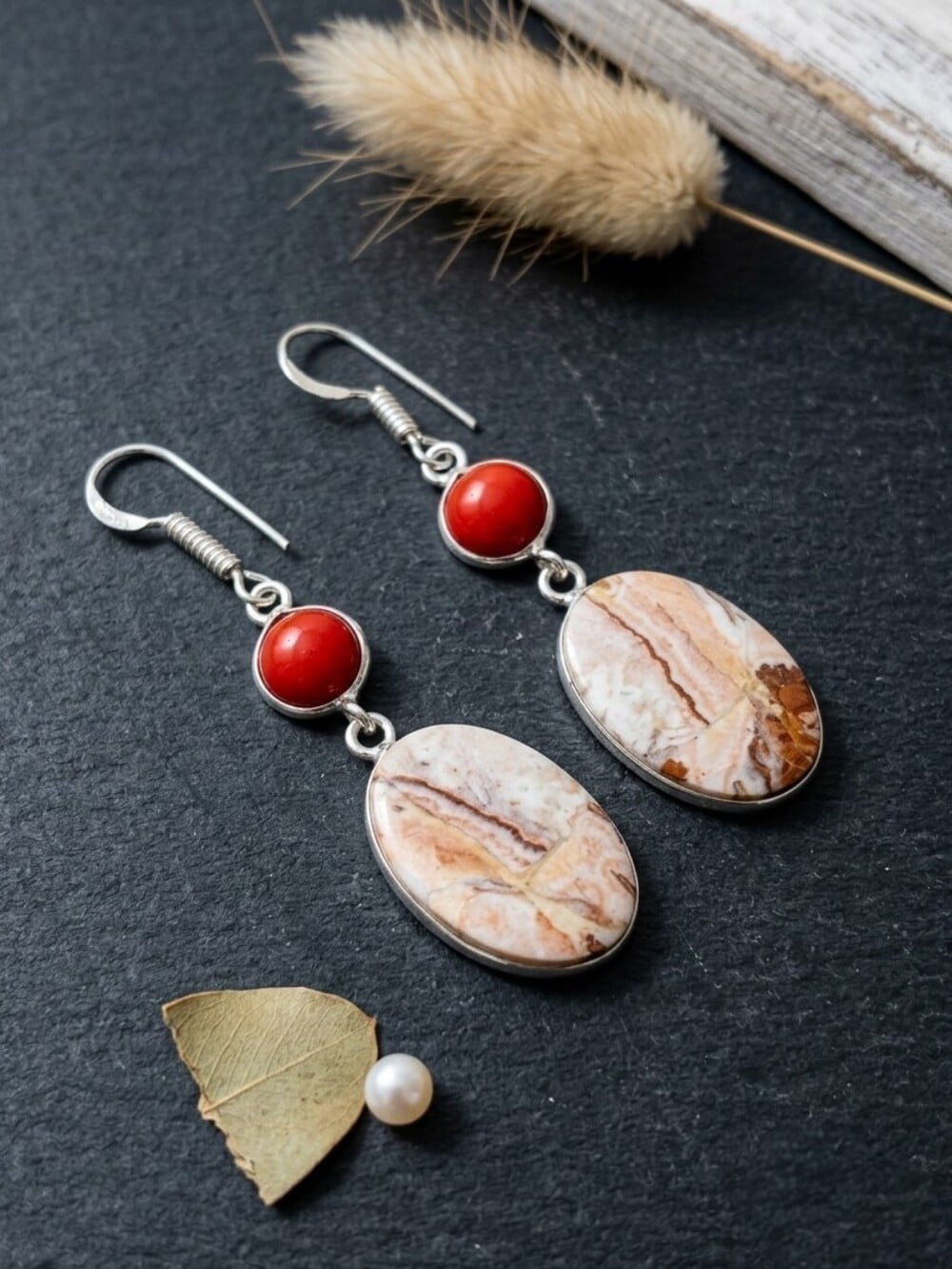 Crazy Lace Agate Red Coral Dangle Earrings 925 Sterling Silver Bohemian 2.2" - NeoKira Unlimited