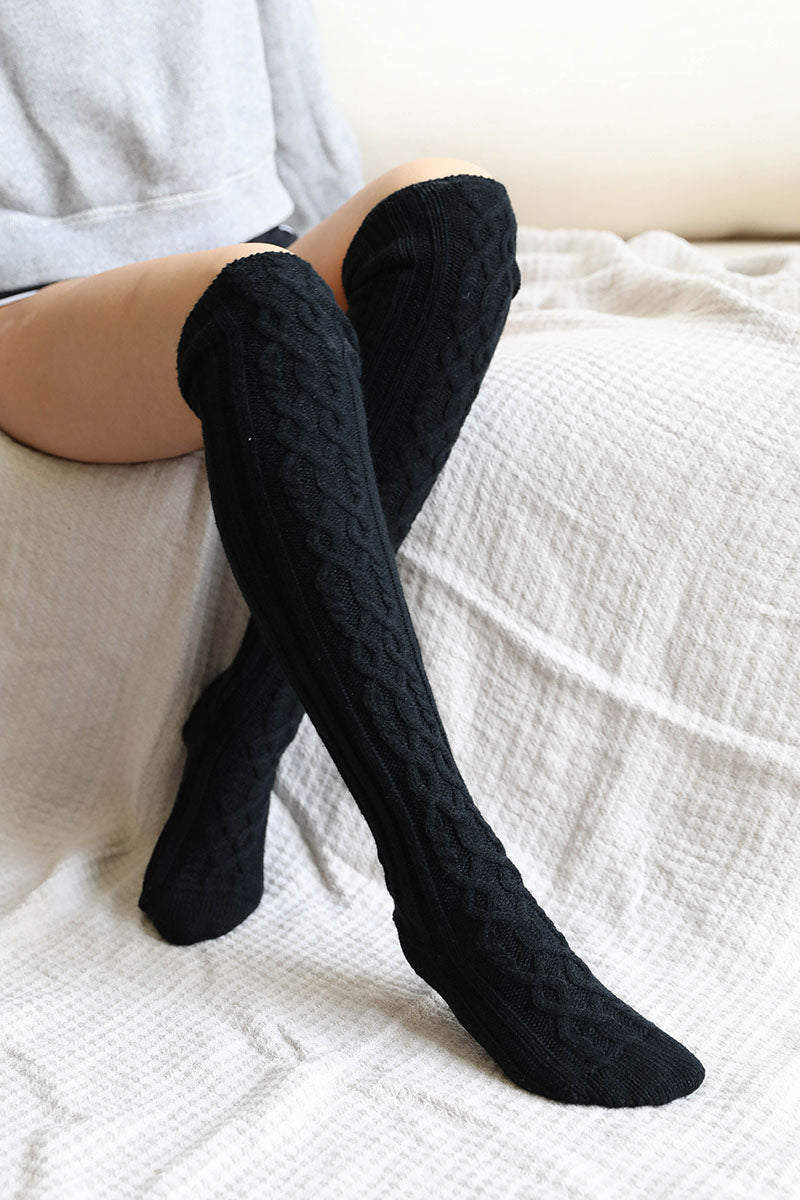 Knee High Cable Knit Socks Socks Leto Collection Black  