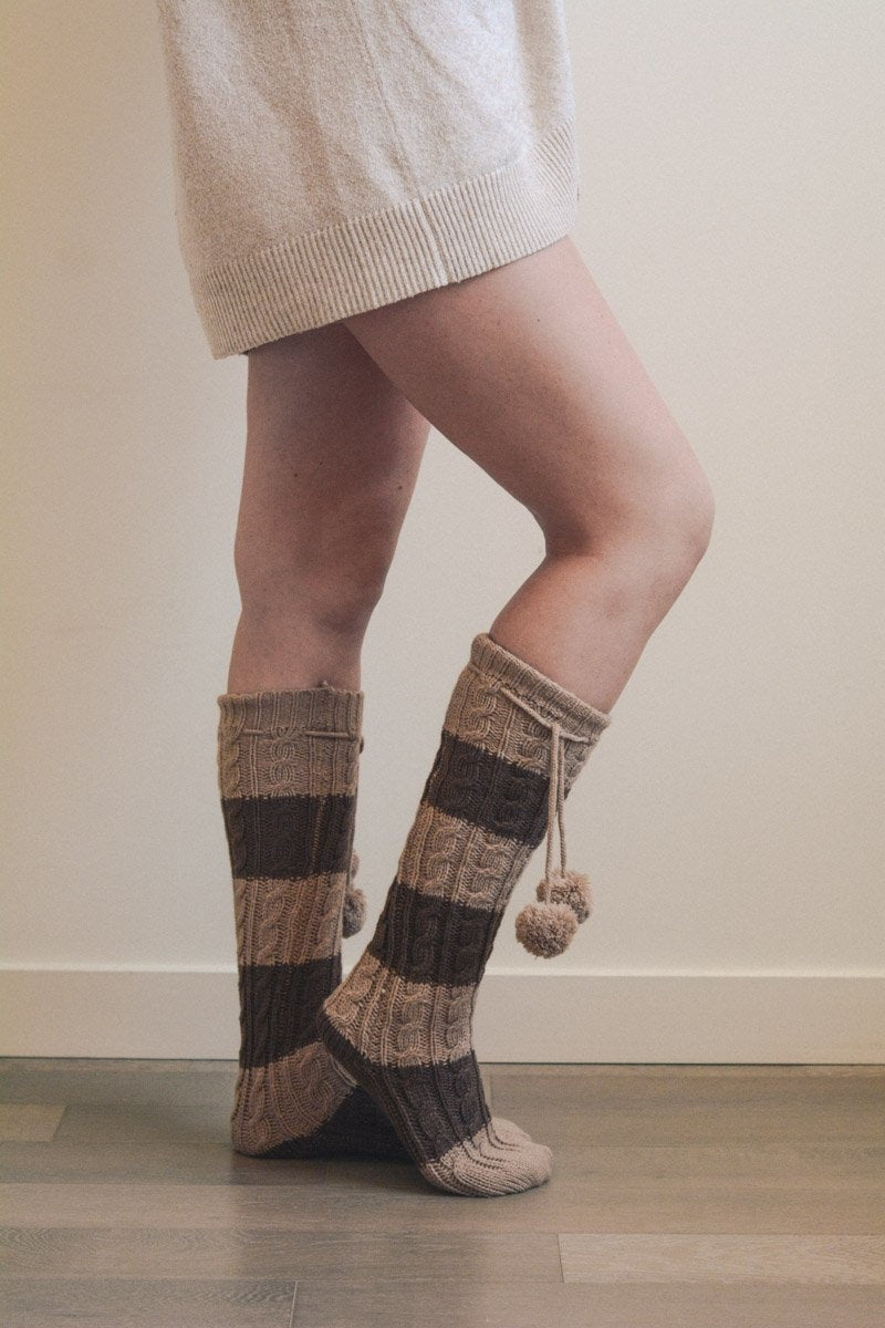 Knee High Striped Pom Socks Socks Leto Collection Brown/Mocha  