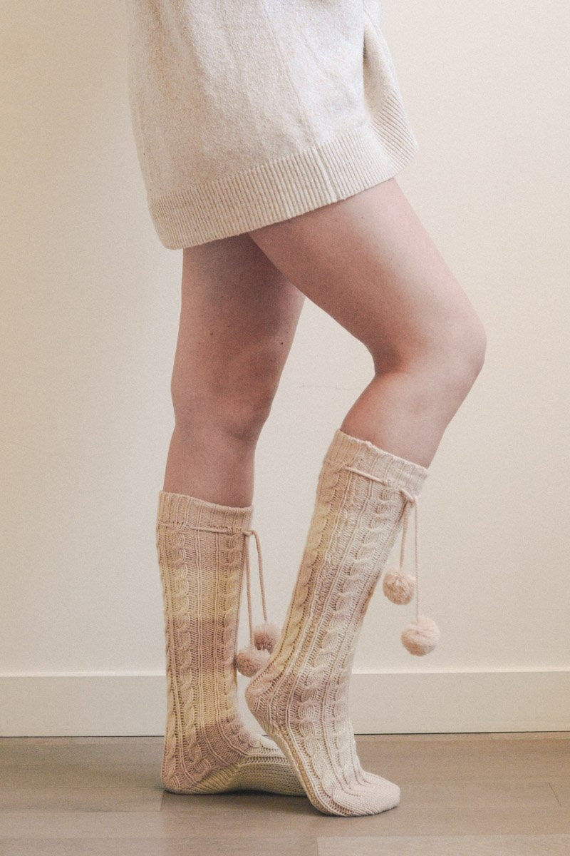 Knee High Striped Pom Socks Socks Leto Collection Pink/Ivory  