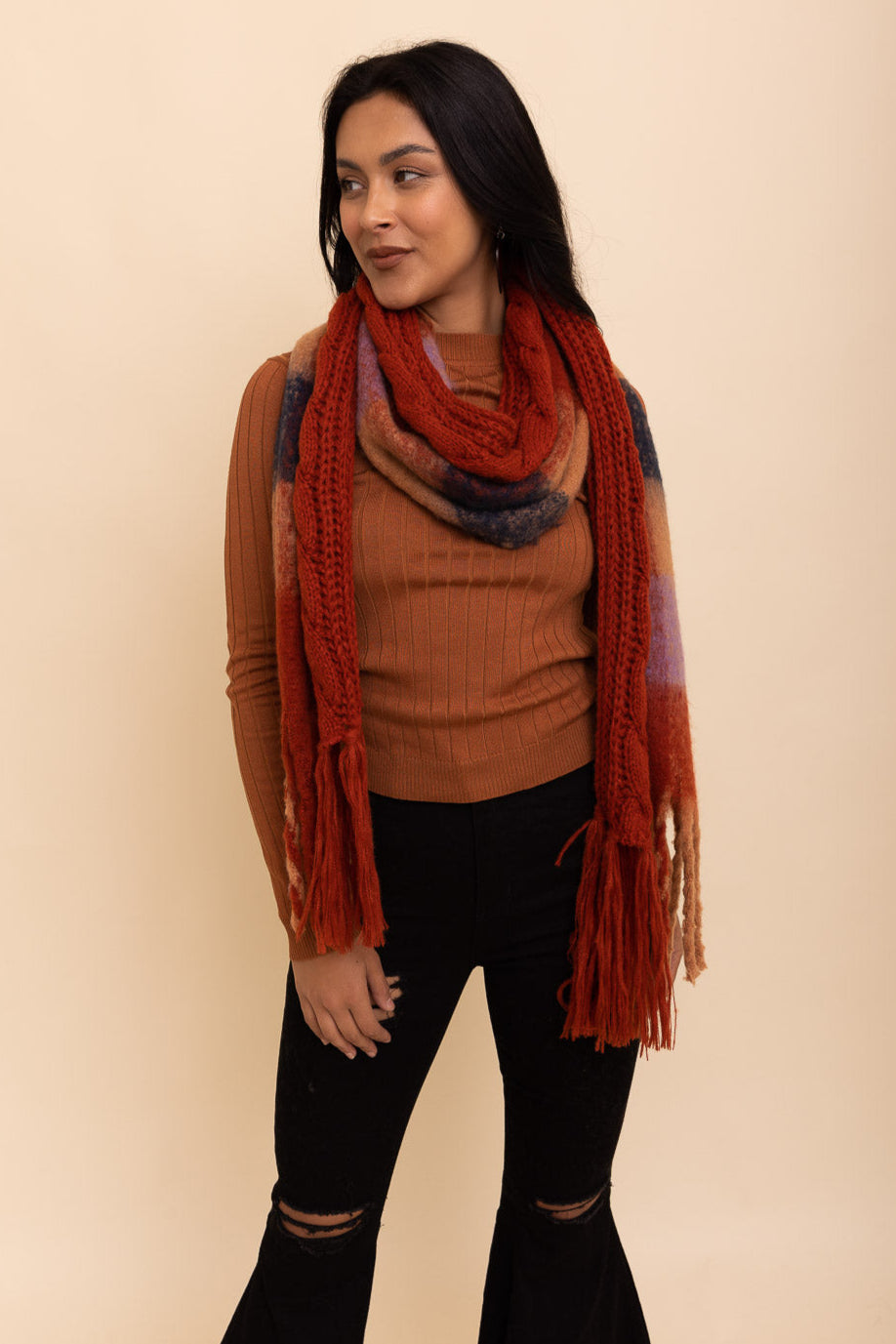 Knit Blend Tassel Trim Scarf - NeoKira Unlimited