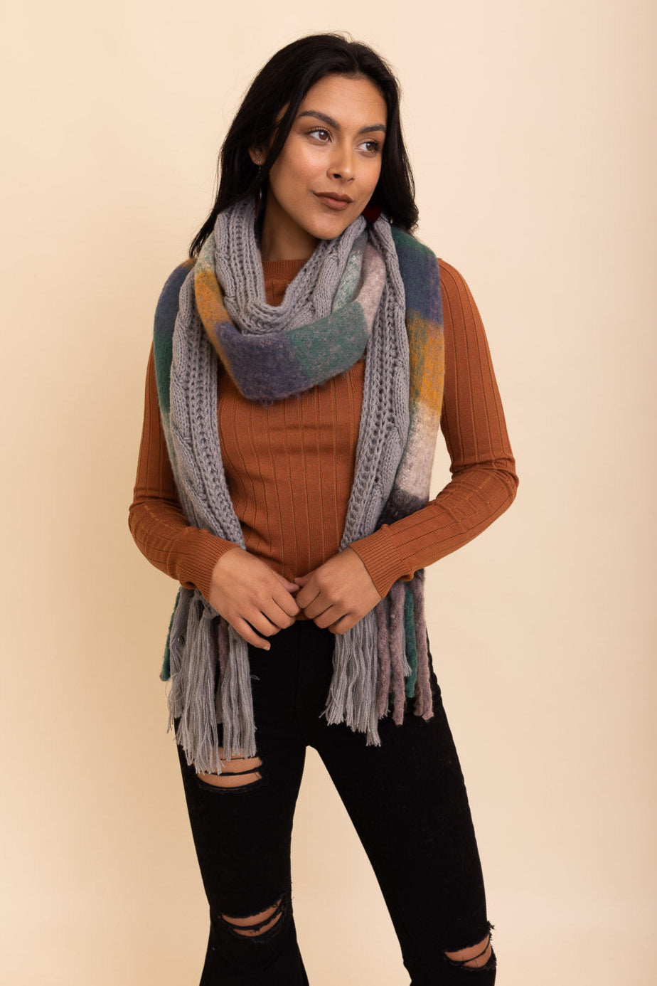 Knit Blend Tassel Trim Scarf - NeoKira Unlimited
