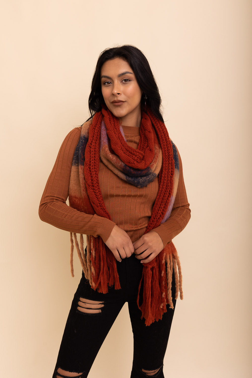 Knit Blend Tassel Trim Scarf Scarves Leto Collection Rust  