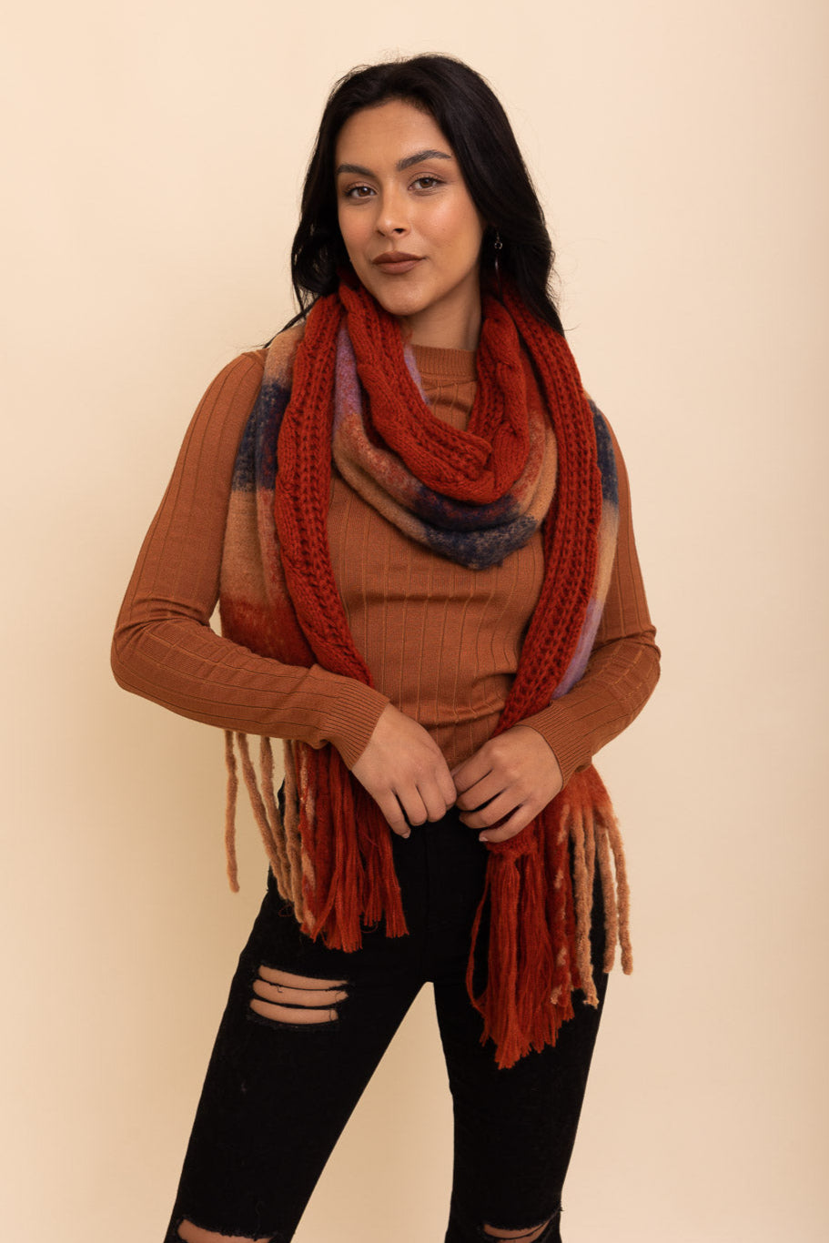 Knit Blend Tassel Trim Scarf - NeoKira Unlimited