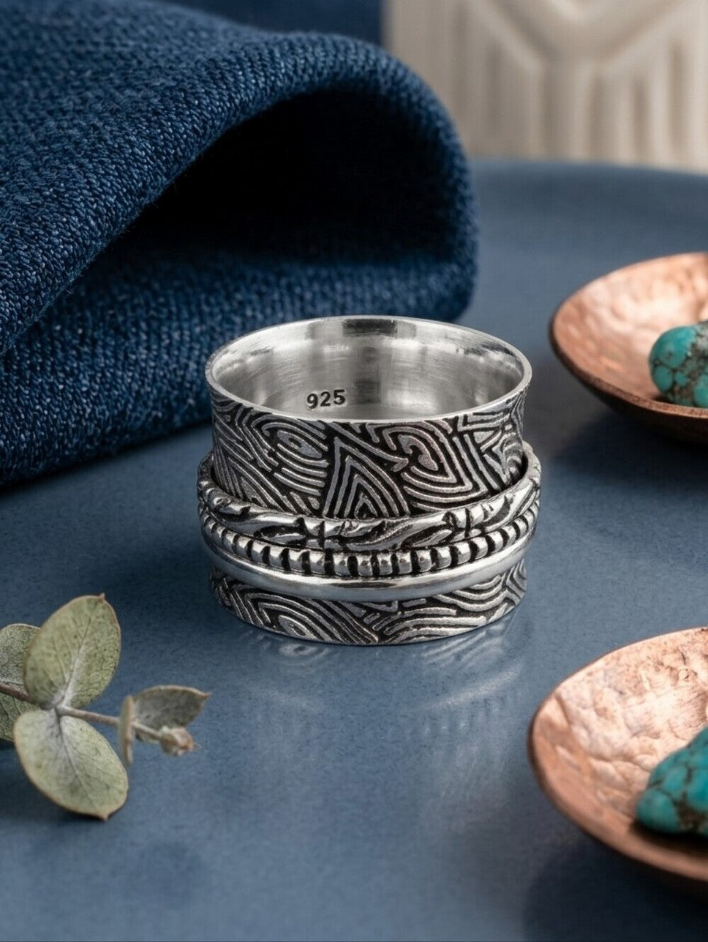925 Sterling Silver Spinner Ring Meditation Fidget Anxiety Wide Band Boho Sz 6.5 - NeoKira Unlimited