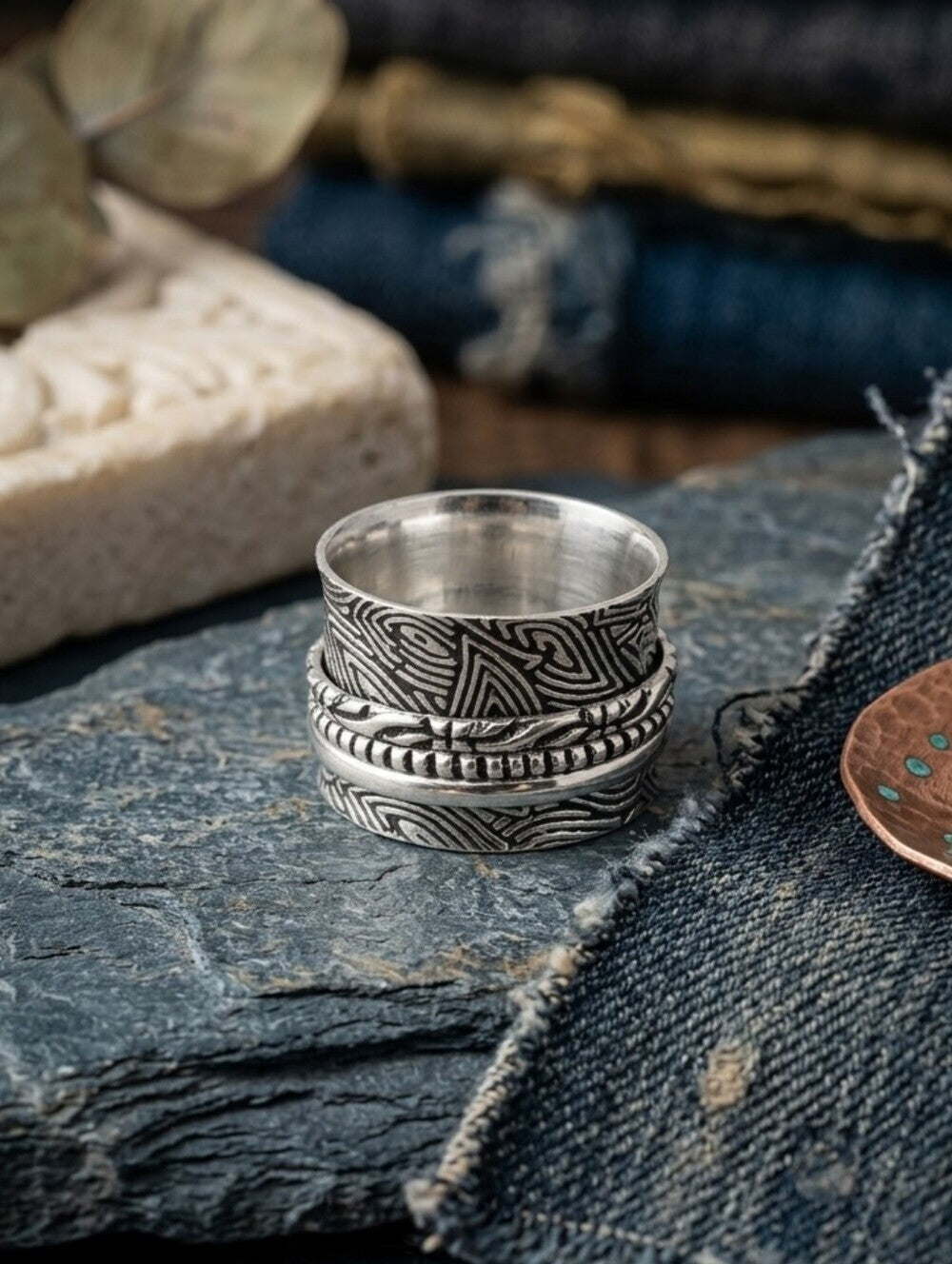 925 Sterling Silver Spinner Ring Meditation Fidget Anxiety Wide Band Boho Sz 6.5 - NeoKira Unlimited