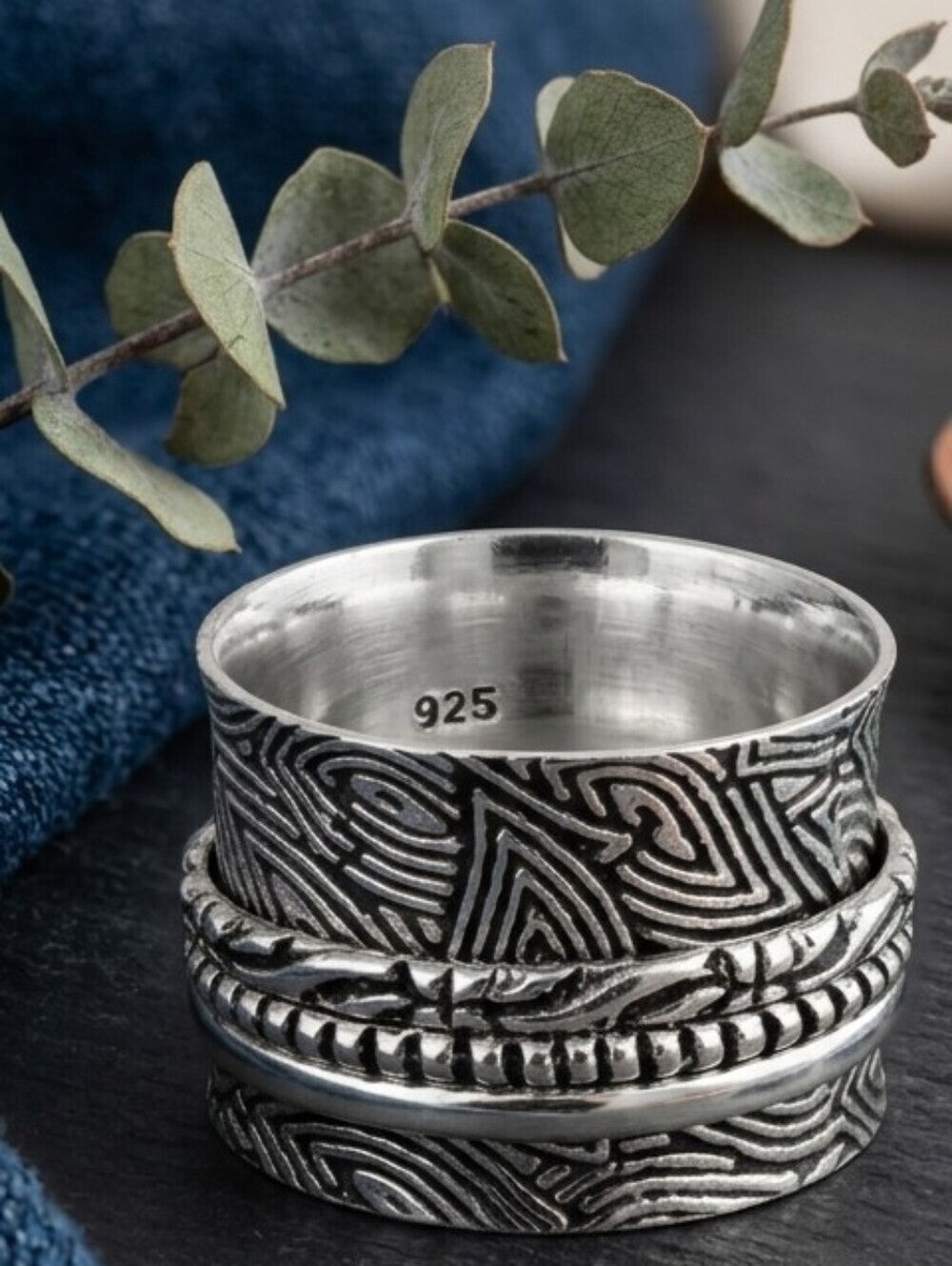 925 Sterling Silver Spinner Ring Meditation Fidget Anxiety Wide Band Boho Sz 6.5 - NeoKira Unlimited