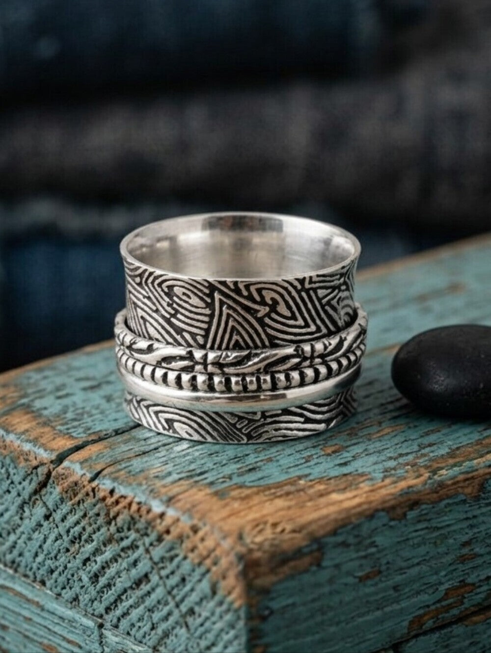 925 Sterling Silver Spinner Ring Meditation Fidget Anxiety Wide Band Boho Sz 6.5 - NeoKira Unlimited