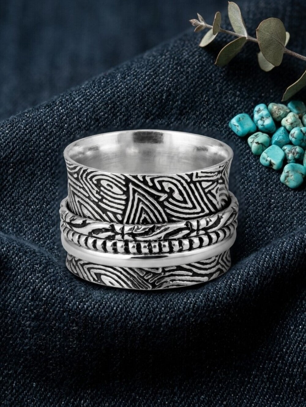 925 Sterling Silver Spinner Ring Meditation Fidget Anxiety Wide Band Boho Sz 6.5 - NeoKira Unlimited